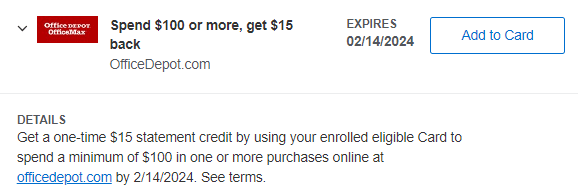 Office Depot Amex Offer $15 off $100