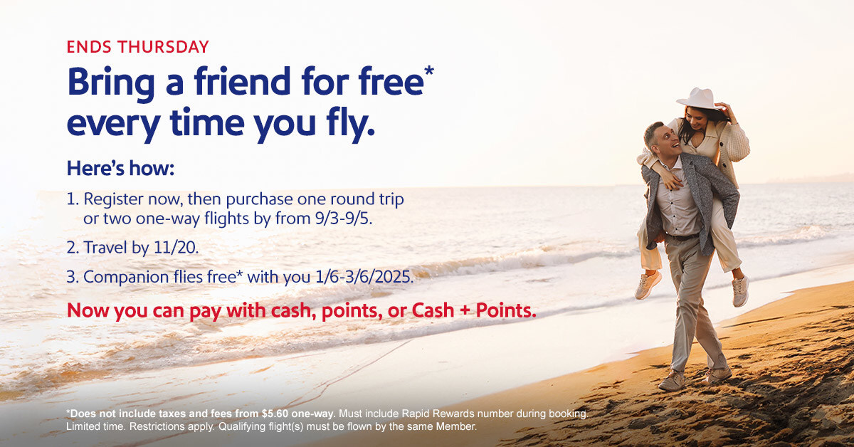 Earn Southwest Airlines Promotional Companion Pass with One Round-Trip Flight, Book by 9/5